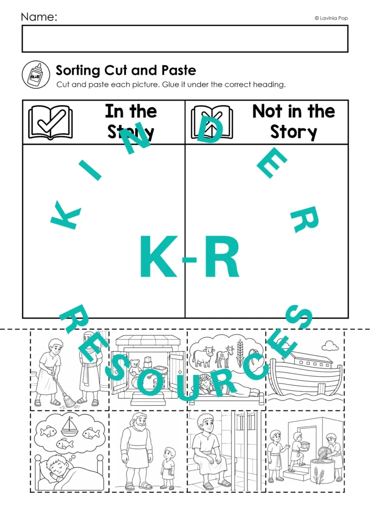 Joseph in Egypt sorting worksheet with eight pictures to cut and paste under “In the Story” and “Not in the Story.”