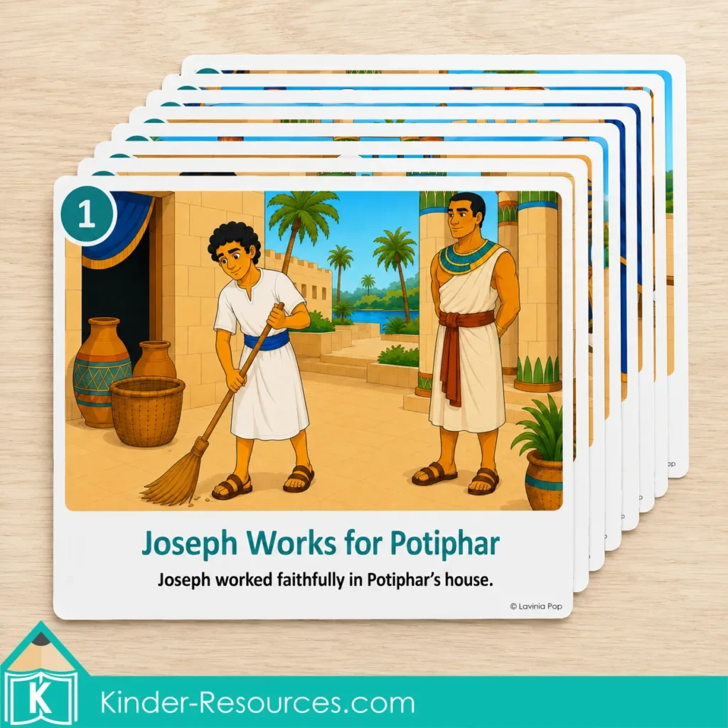 Joseph in Egypt storytelling cards stacked on a wooden table, with the front card showing Joseph sweeping in Potiphar’s house.