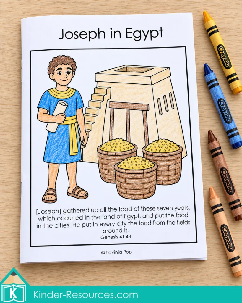 Joseph in Egypt take home booklet with a crayon colored cover showing Joseph beside stored grain and the Bible verse Genesis 41:48.