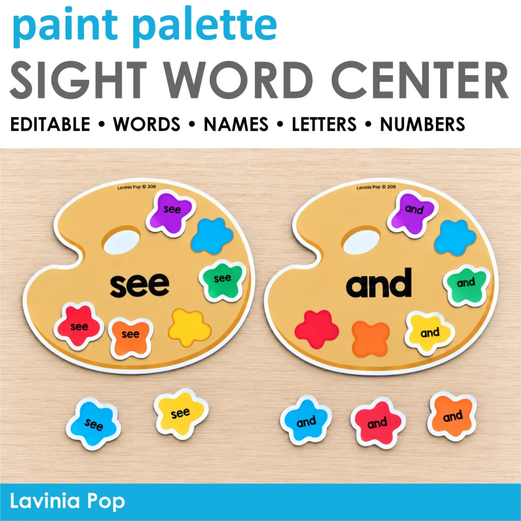 Editable sight word centers for preschool and kindergarten with paint palettes and matching “see” and “and” word blots.