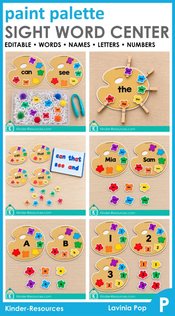 Editable sight word centers with sensory bin play, clothespins, magnetic letters, and name, alphabet, and number matching activities.