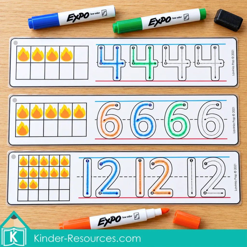 Fire safety number tracing cards for 4, 6, and 12 with flame ten frames and colored dry erase markers.