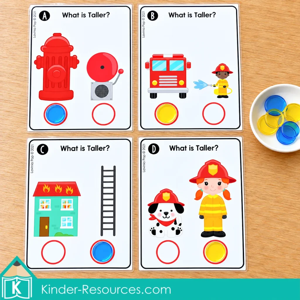Fire safety height comparison cards with blue and yellow counters marking the taller picture in each pair.