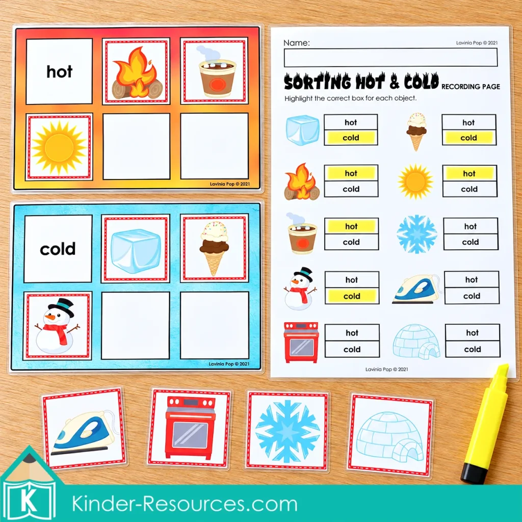 Hot and cold sorting mats with picture cards, a partially completed recording page, and a yellow highlighter.