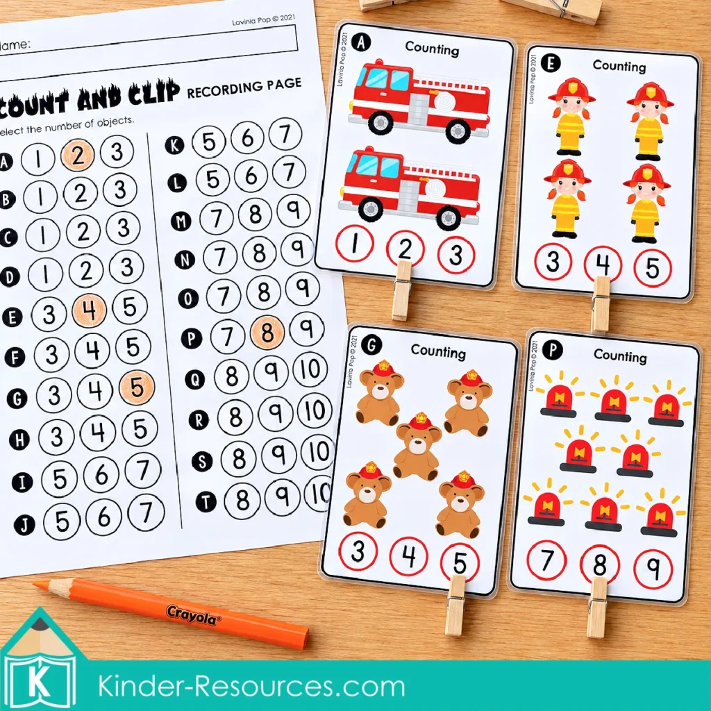 Firefighter counting cards showing groups of 2, 4, 5, and 8 objects, with clothespins marking answers and a recording page.