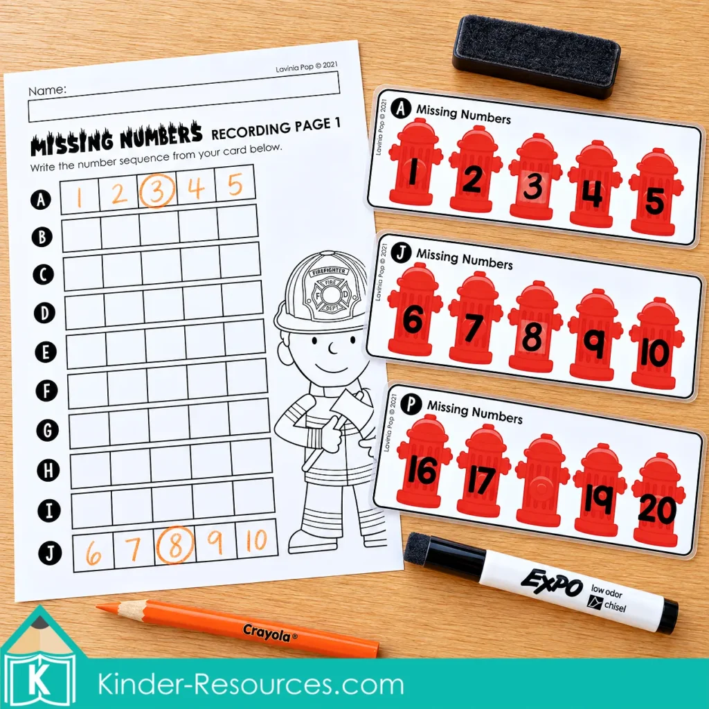 Fire hydrant number sequence cards with missing numbers, a partially completed recording page, and a dry erase marker.