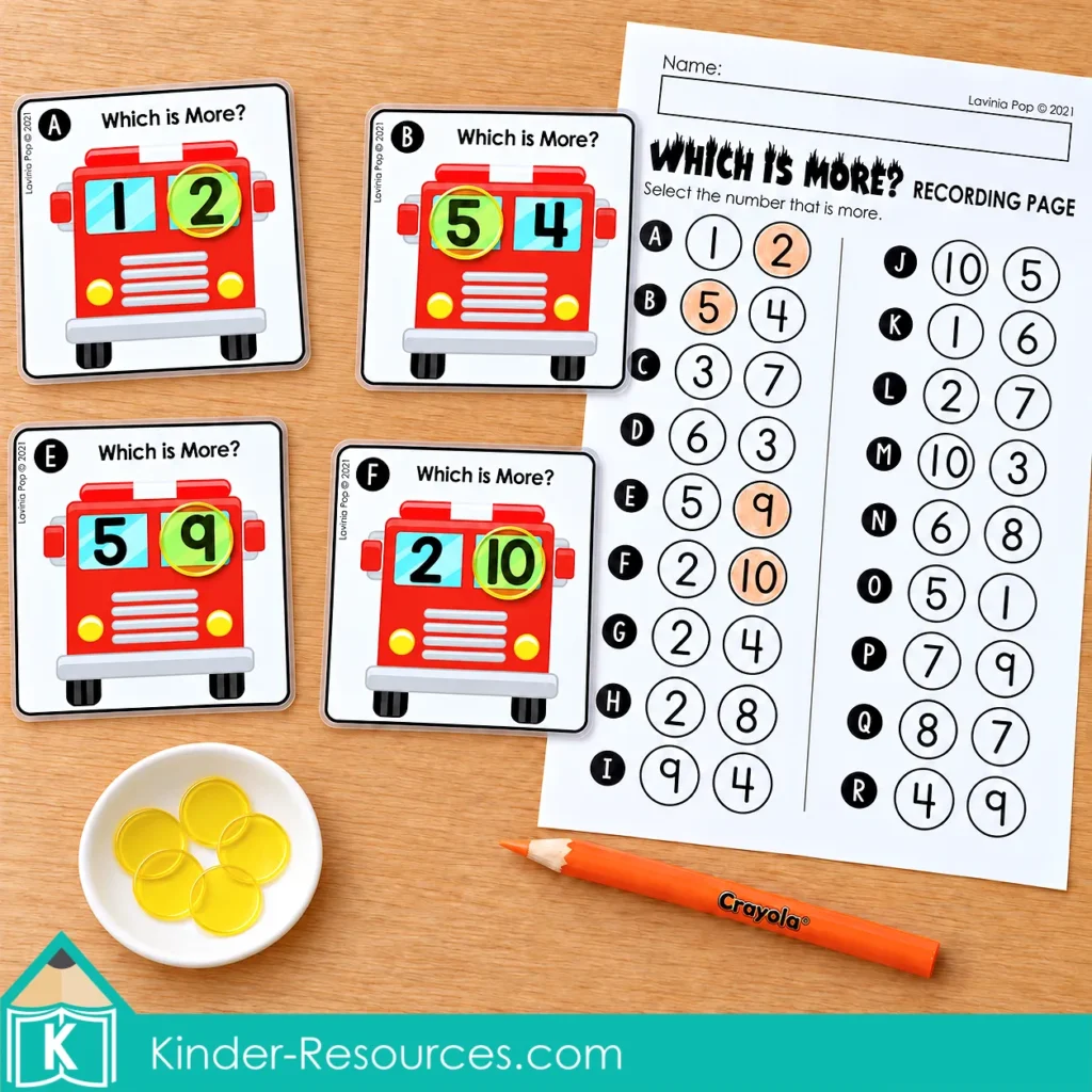 Fire truck number comparison cards with yellow counters marking the greater numbers and a matching recording page.