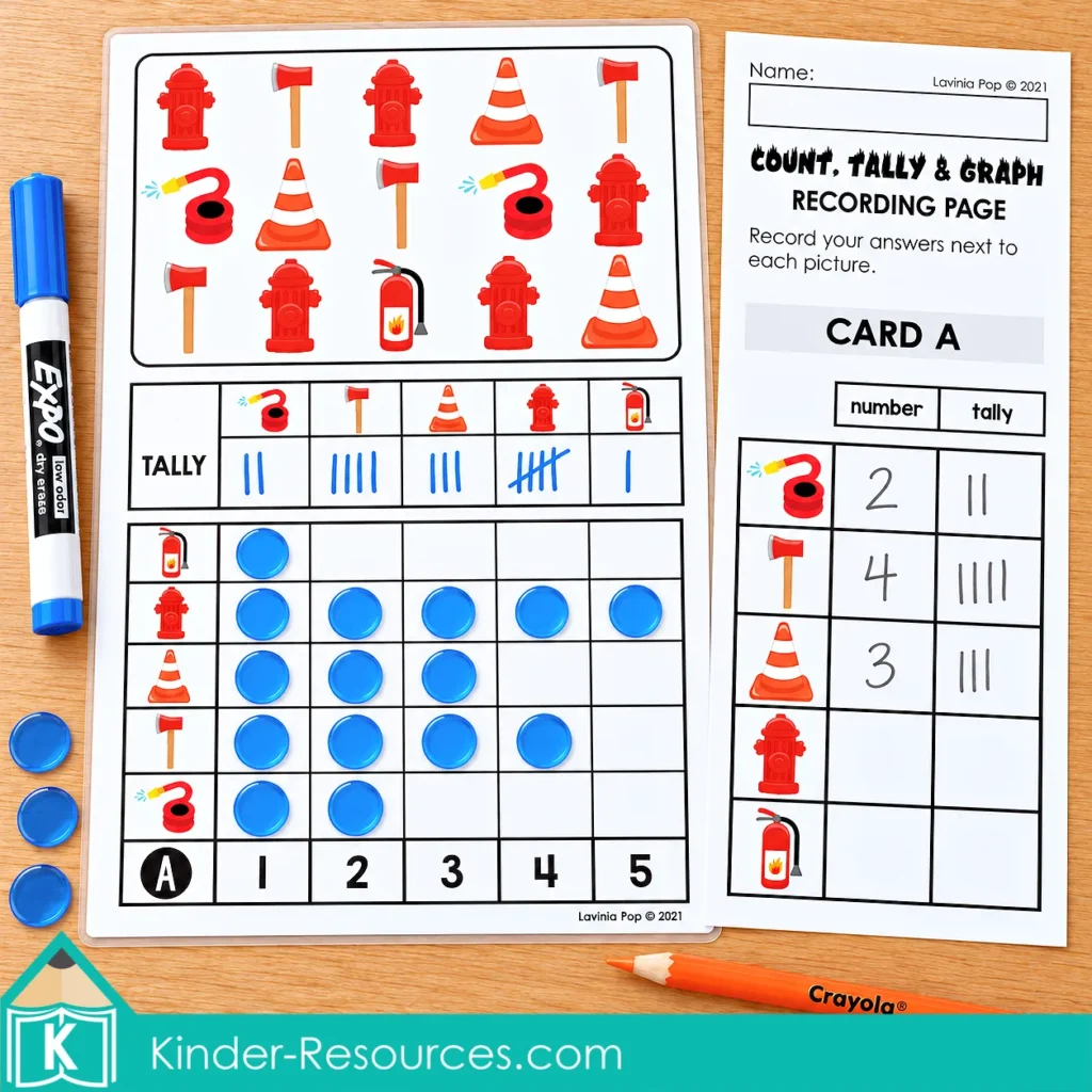 Fire safety picture counting mat with tally marks, blue counters forming a graph, and a partially completed recording page.