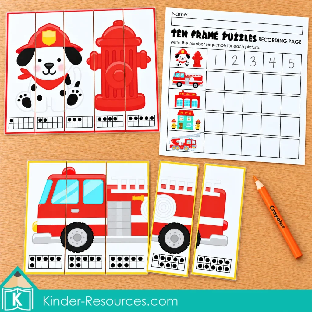 Firefighter dog and fire truck puzzles with ten frames showing quantities from 1 to 10, alongside a number sequence recording page.