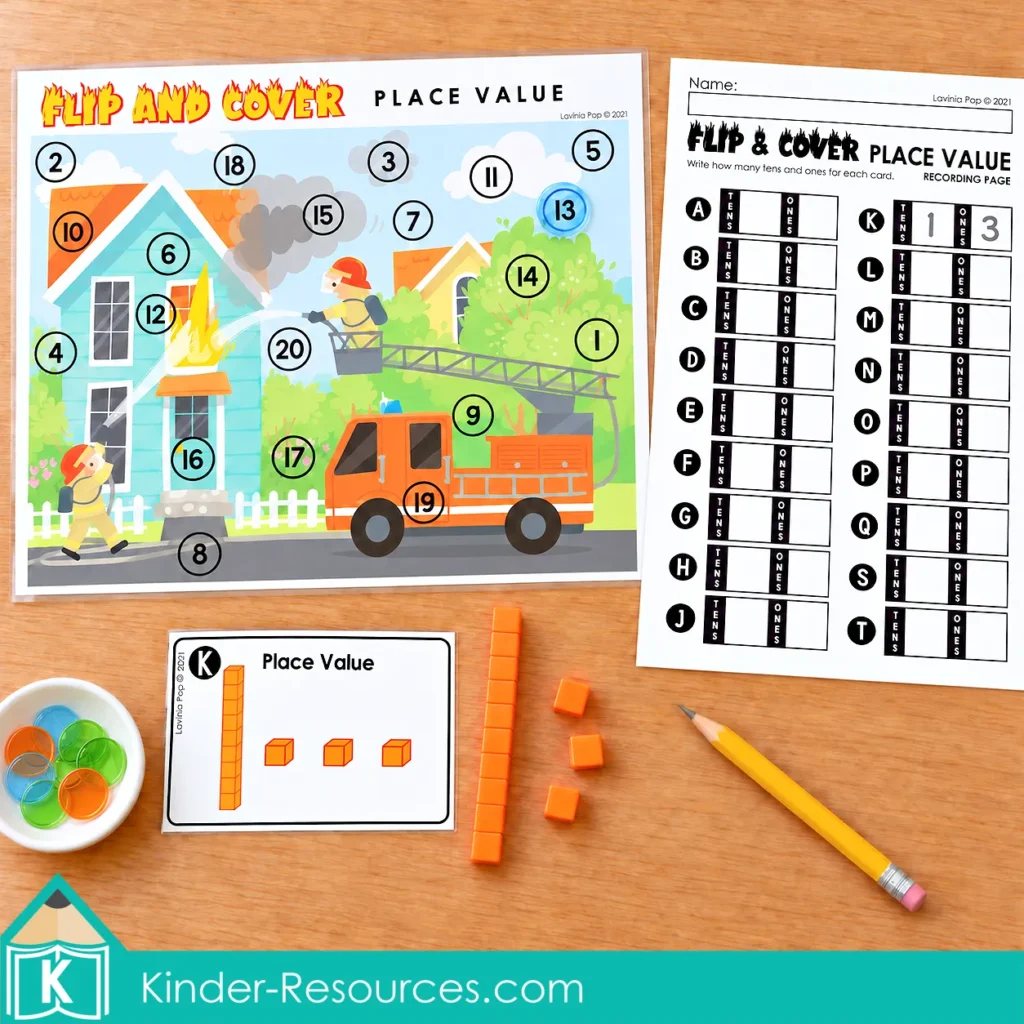 Fire safety number mat with a counter covering 13, a matching place value card, orange base ten blocks, and a recording page.