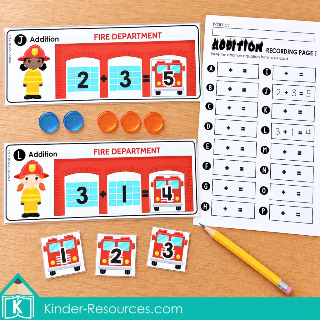 Fire station addition cards showing 2 + 3 = 5 and 3 + 1 = 4 with numbered fire trucks, colored counters, and a recording page.