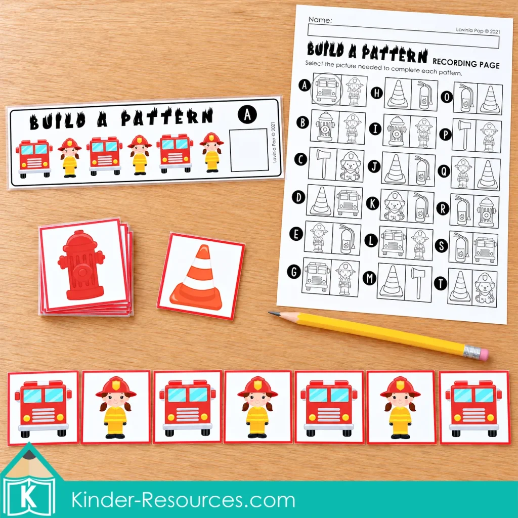 Alternating fire truck and firefighter picture cards extending an AB pattern, with a model strip and matching recording page.