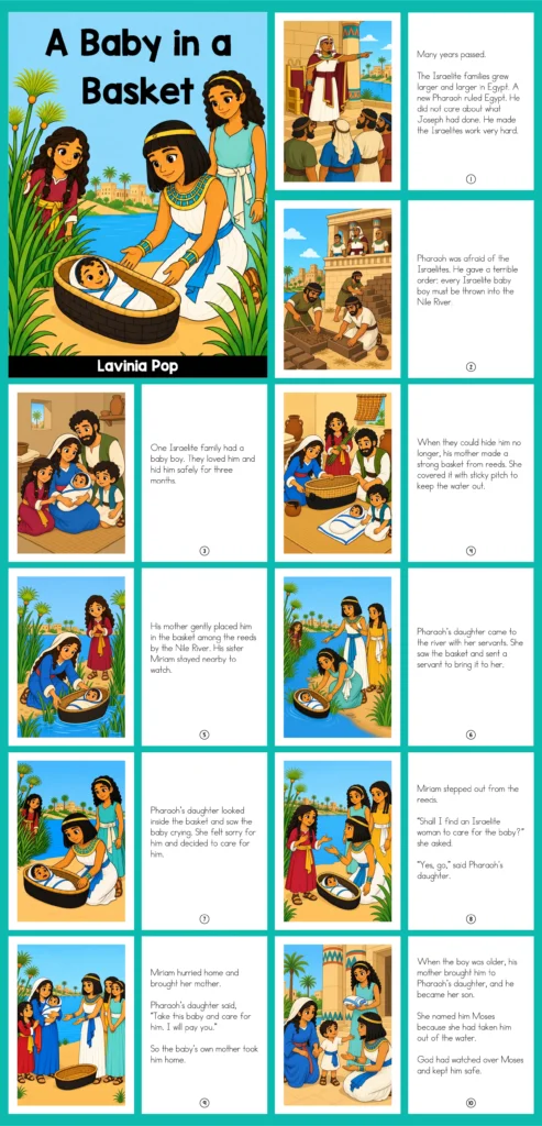 Printable Baby Moses storybook pages for a preschool Bible lesson about A Baby in a Basket.
