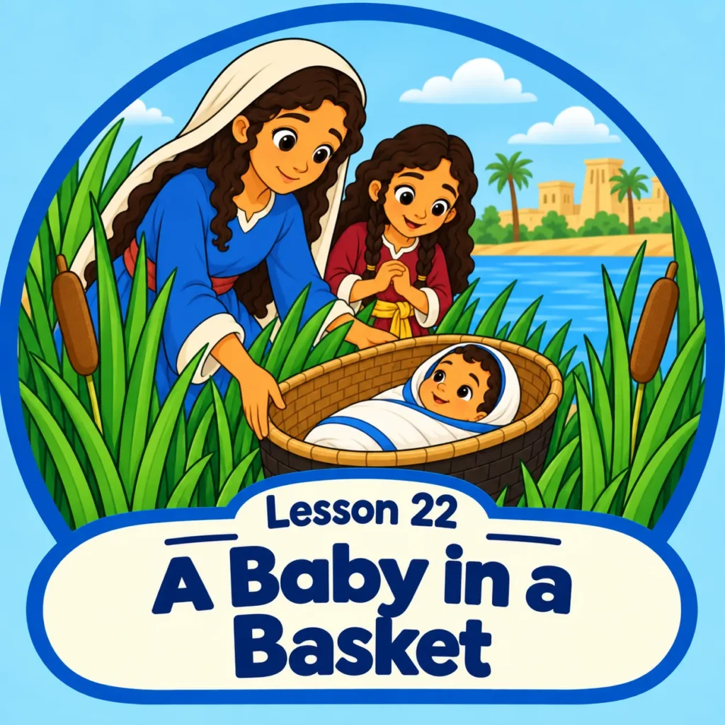 A Baby in a Basket Lesson 22 logo for a preschool Bible lesson about Baby Moses.