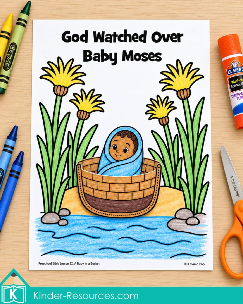 Baby Moses basket craft for preschool Bible lessons about God watching over Moses.