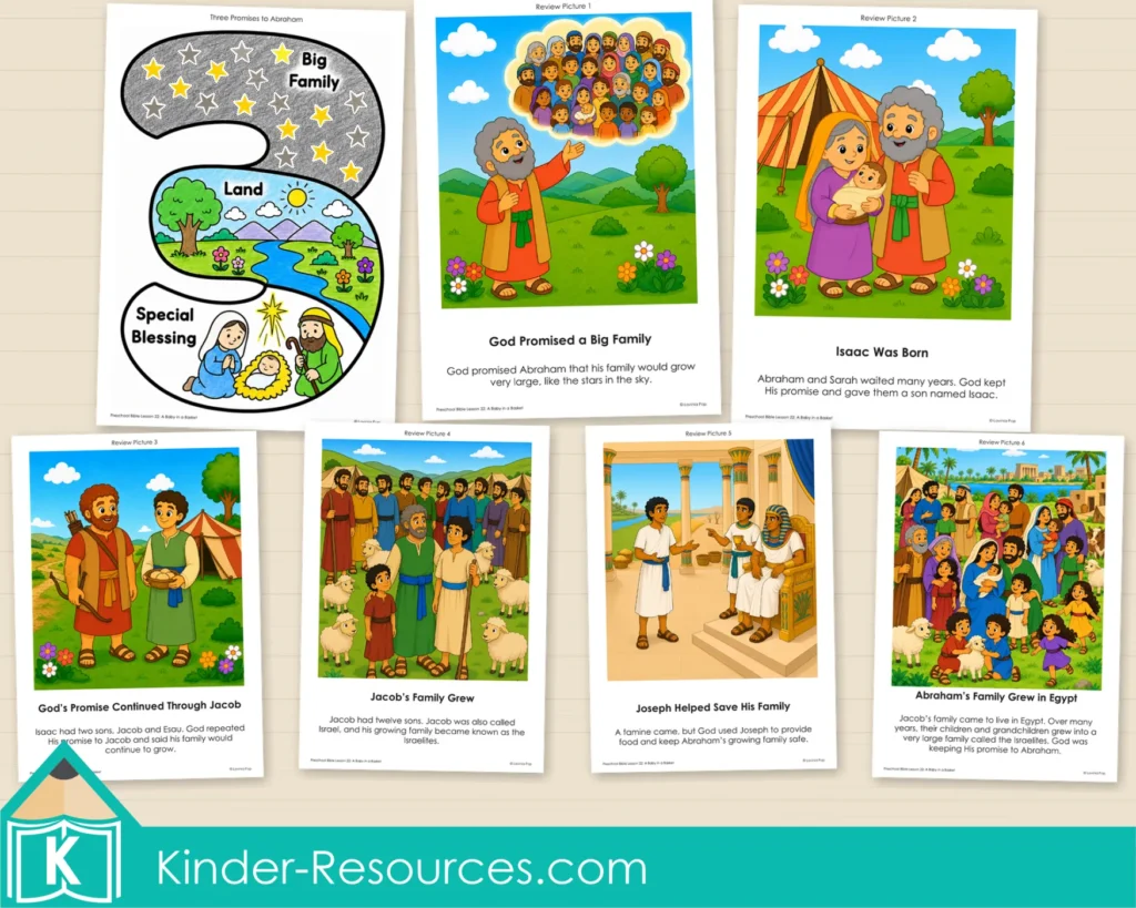 Preschool Bible review pictures connecting Abraham, Jacob, Joseph and the Israelites to Moses.