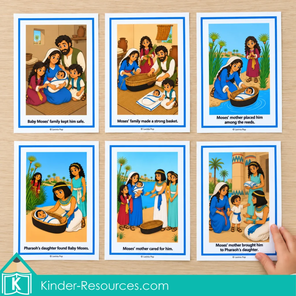 Six Baby Moses sequencing cards for retelling the story from his birth to Pharaoh’s daughter.