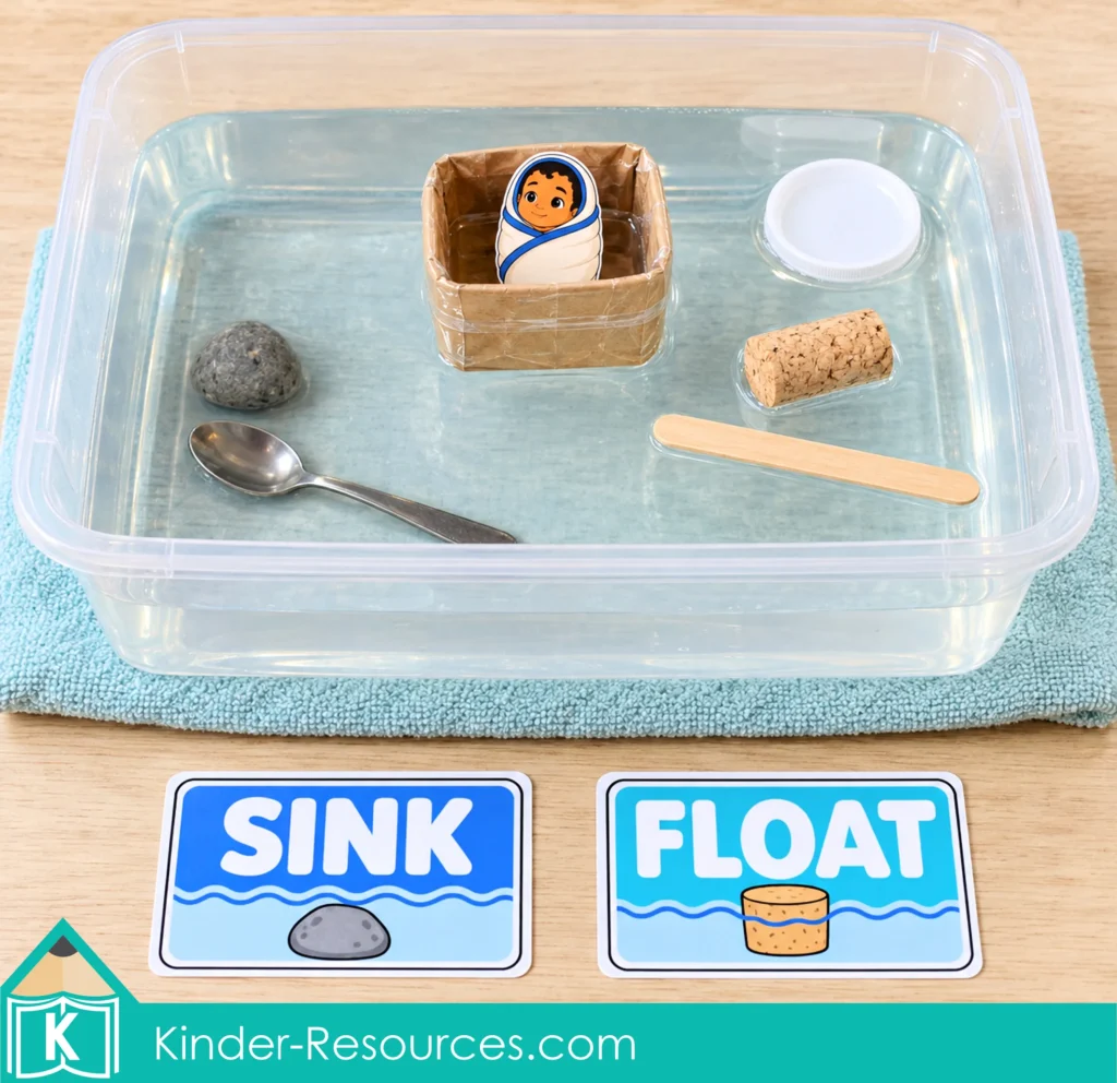 Preschool sink or float experiment connecting floating objects with Baby Moses’ basket.