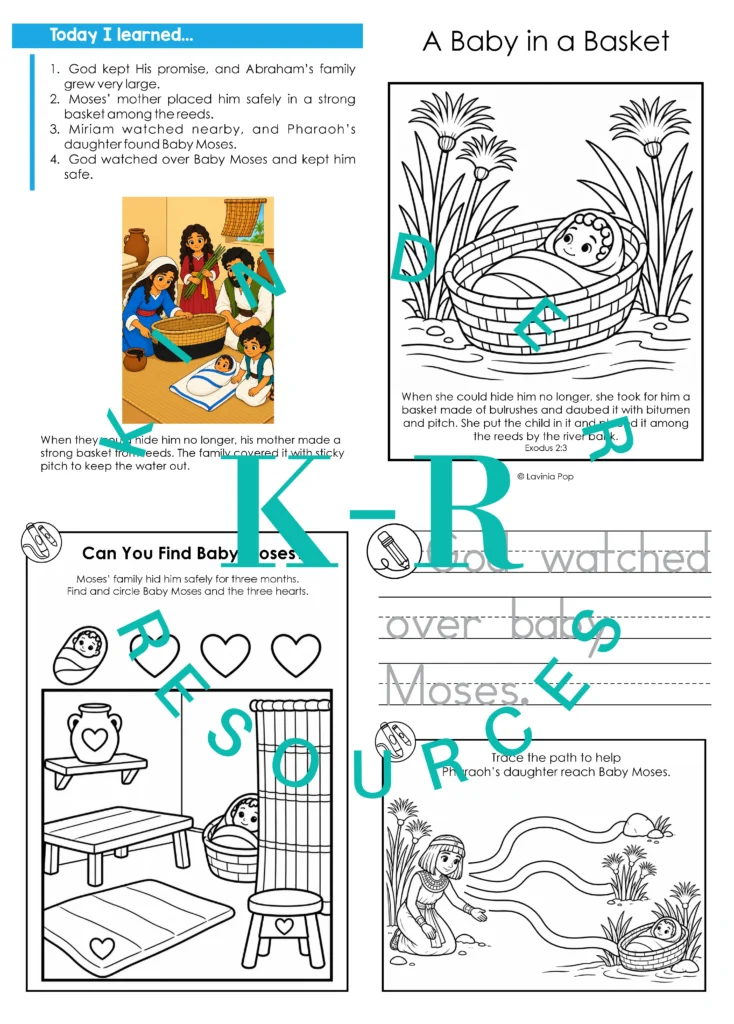 Baby Moses printable booklet with story review, tracing and simple preschool activities.