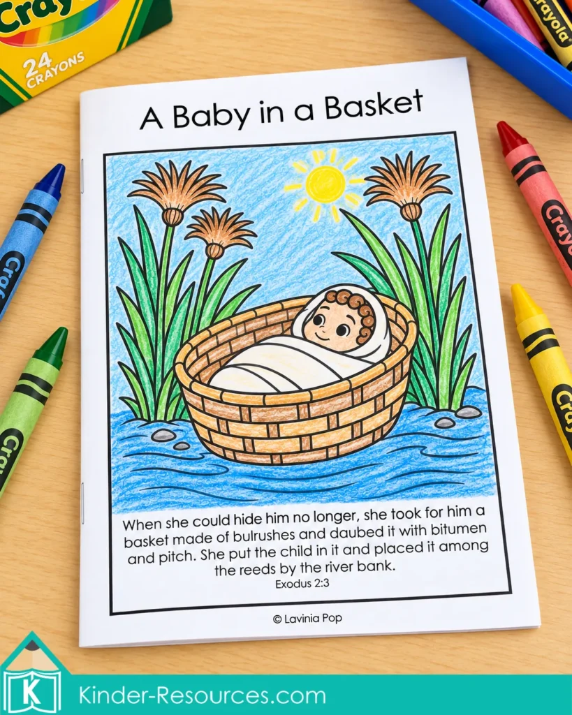 Baby Moses take-home booklet for reviewing A Baby in a Basket with preschool children.