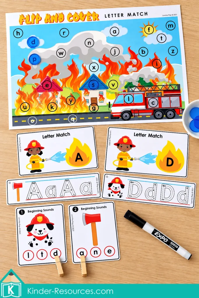 Fire safety literacy center activities for kindergarten, including letter matching, alphabet tracing, and beginning sound clip cards.