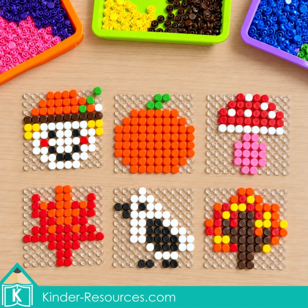 Six clear pegboards display a scarecrow, pumpkin, mushroom, maple leaf, bird, and autumn tree beneath trays of colorful pegs.