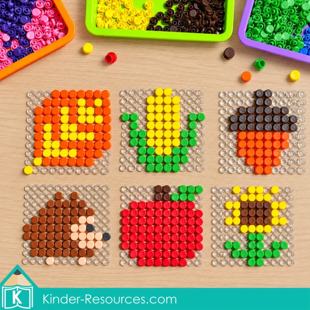 Six clear pegboards display a scarecrow, pumpkin, mushroom, maple leaf, bird, and autumn tree beneath trays of colorful pegs.
