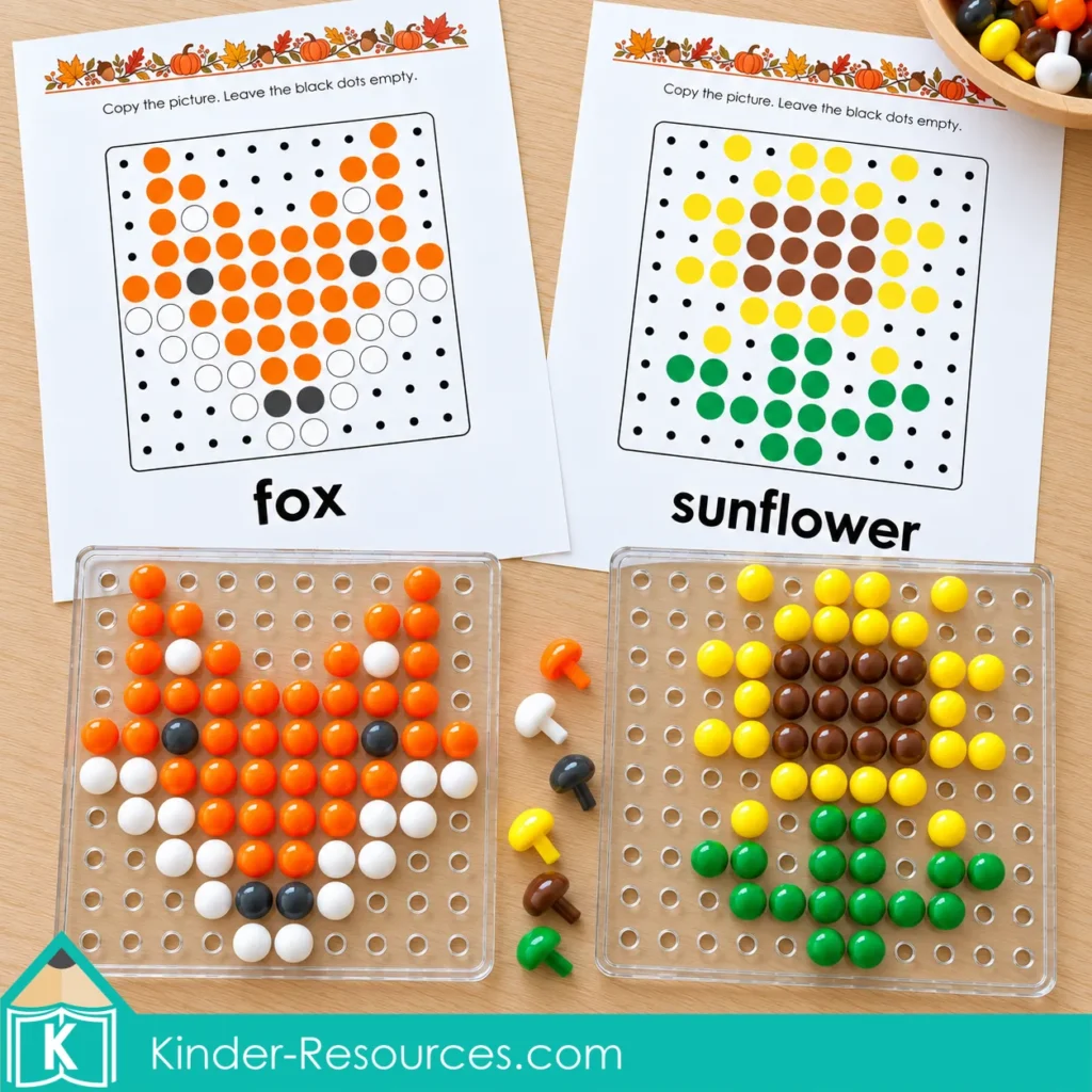 Fox and sunflower printable pattern mats displayed above clear pegboards with orange, white, yellow, brown, and green peg pictures.