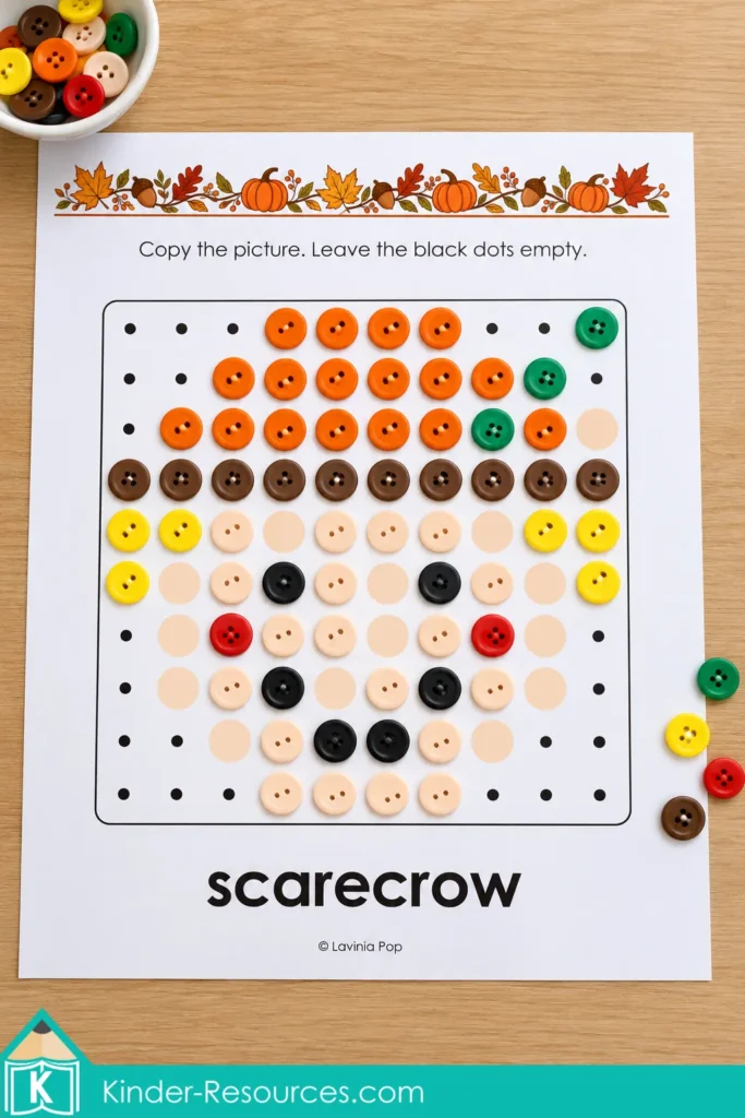 Colorful buttons partially cover a printable scarecrow dot pattern, with a bowl of extra buttons beside the mat.