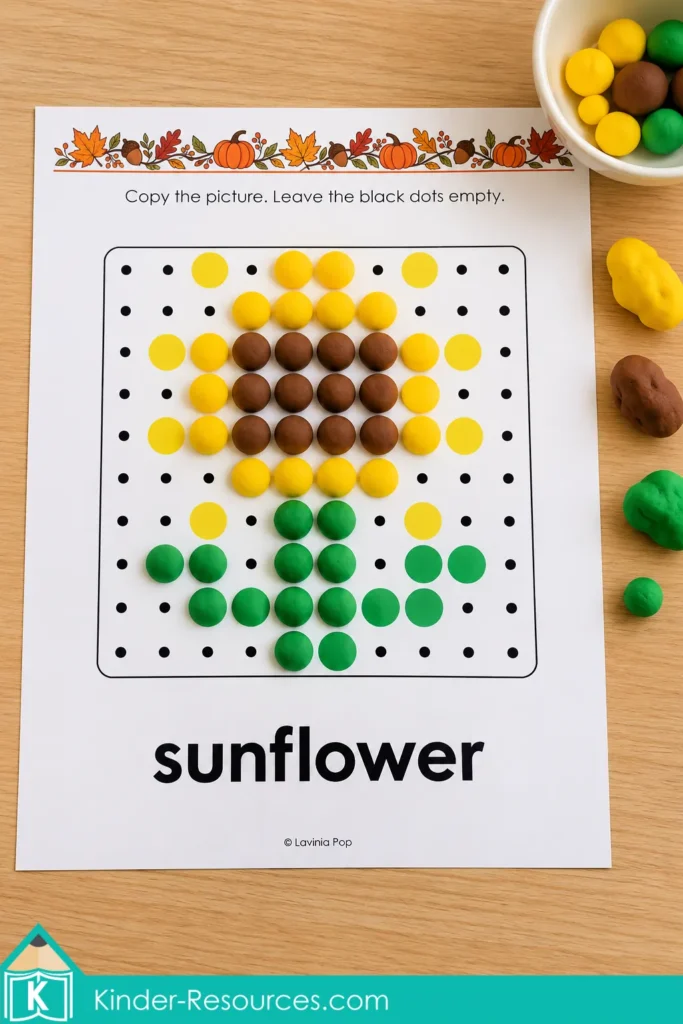 Yellow, brown, and green play dough balls partially cover a printable sunflower dot pattern for a fall fine motor activity.