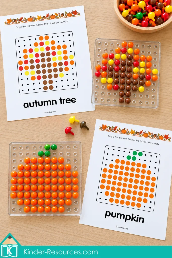 Autumn tree and pumpkin pictures made with colorful pegs on clear pegboards beside their matching printable pattern mats.