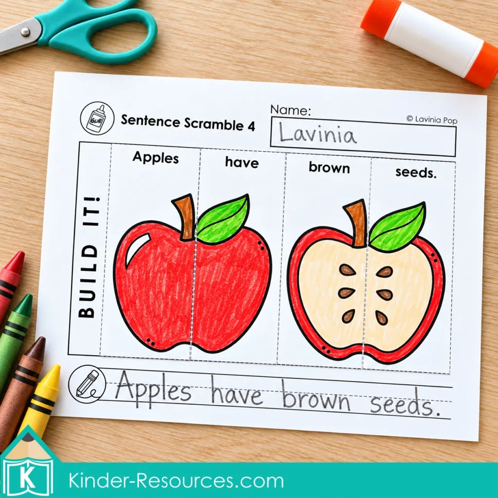 Completed fall sentence building apple puzzle with the sentence “Apples have brown seeds.” copied underneath.