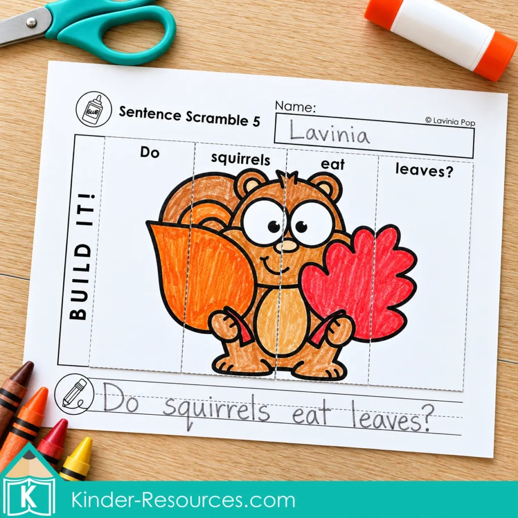 Fall sentence building squirrel puzzle with “Do squirrels eat leaves?” assembled above the picture and handwritten below.