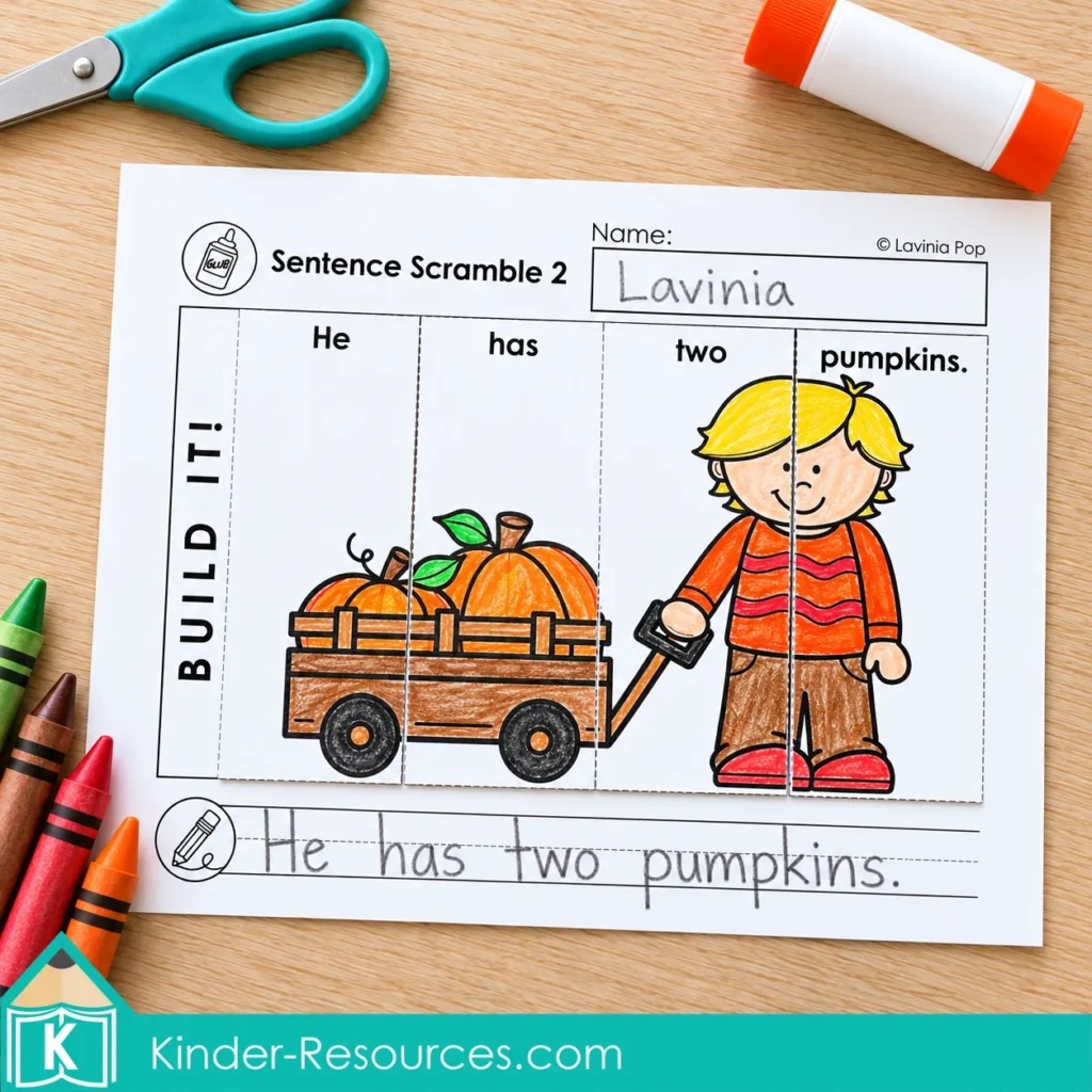 Fall sentence building puzzle of a boy with a pumpkin wagon and the completed sentence “He has two pumpkins.”