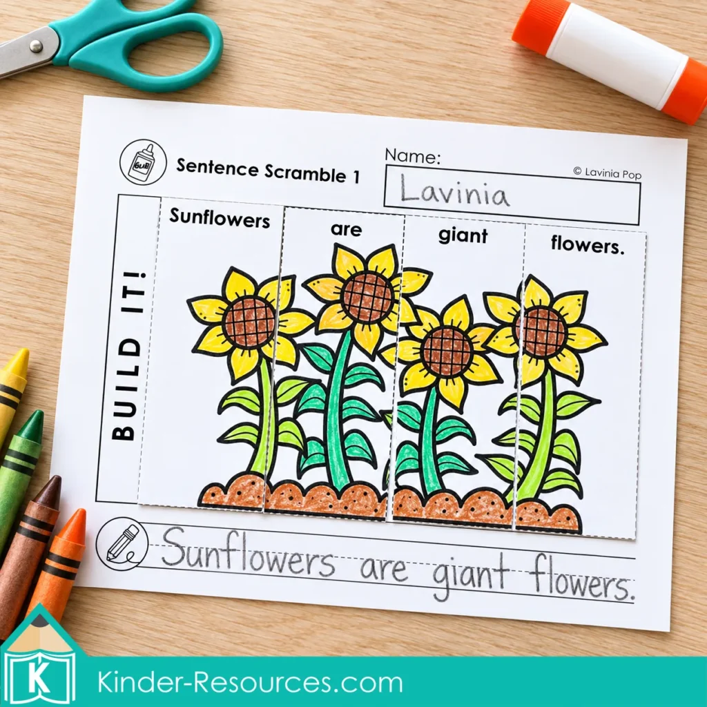 Fall sentence building puzzle with four colored sunflowers and “Sunflowers are giant flowers.” written underneath.