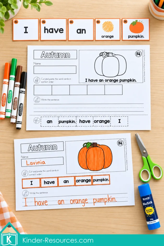 Autumn Pocket Chart Center and Worksheets I have an orange pumpkin sentence