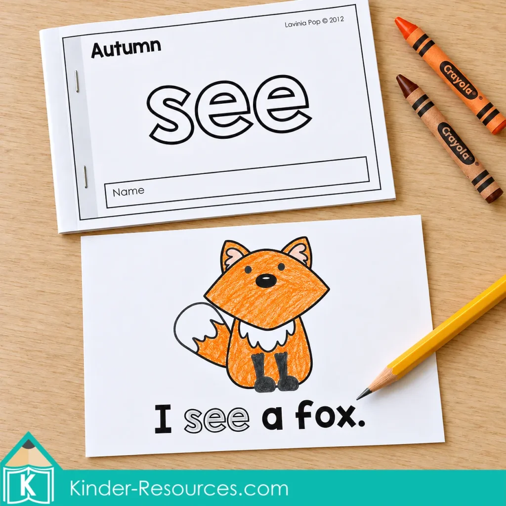 Autumn “see” reader and orange crayon-colored fox page with a pencil and crayons on a pale oak tabletop.