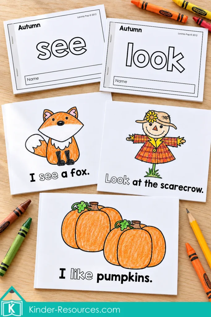 Autumn mini readers with colorful fox, scarecrow, and pumpkin pages arranged with pencils and crayons on a pale oak tabletop.