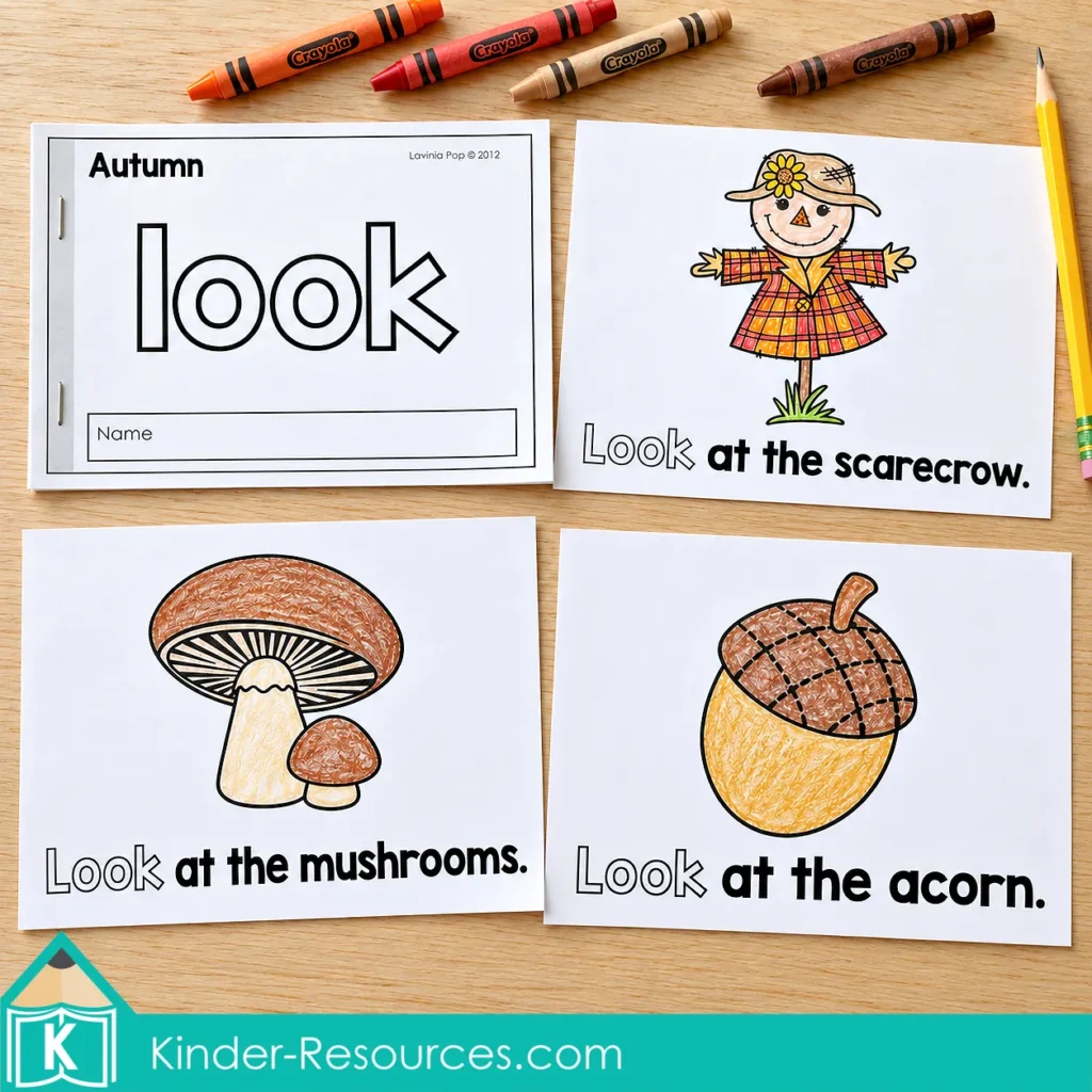 Autumn “look” reader with crayon-colored scarecrow, mushroom, and acorn pages on a pale oak tabletop.