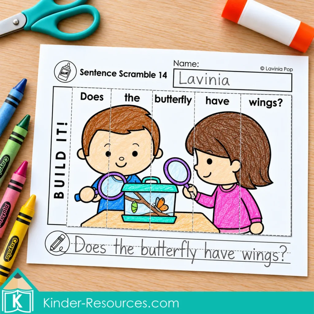 Back to school sentence building worksheet with a completed picture puzzle of children observing a butterfly and the question “Does the butterfly have wings?” written below.
