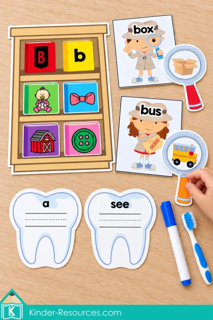Library beginning sound books, detective word matches for box and bus, and tooth sight word cards with a marker and toothbrush.