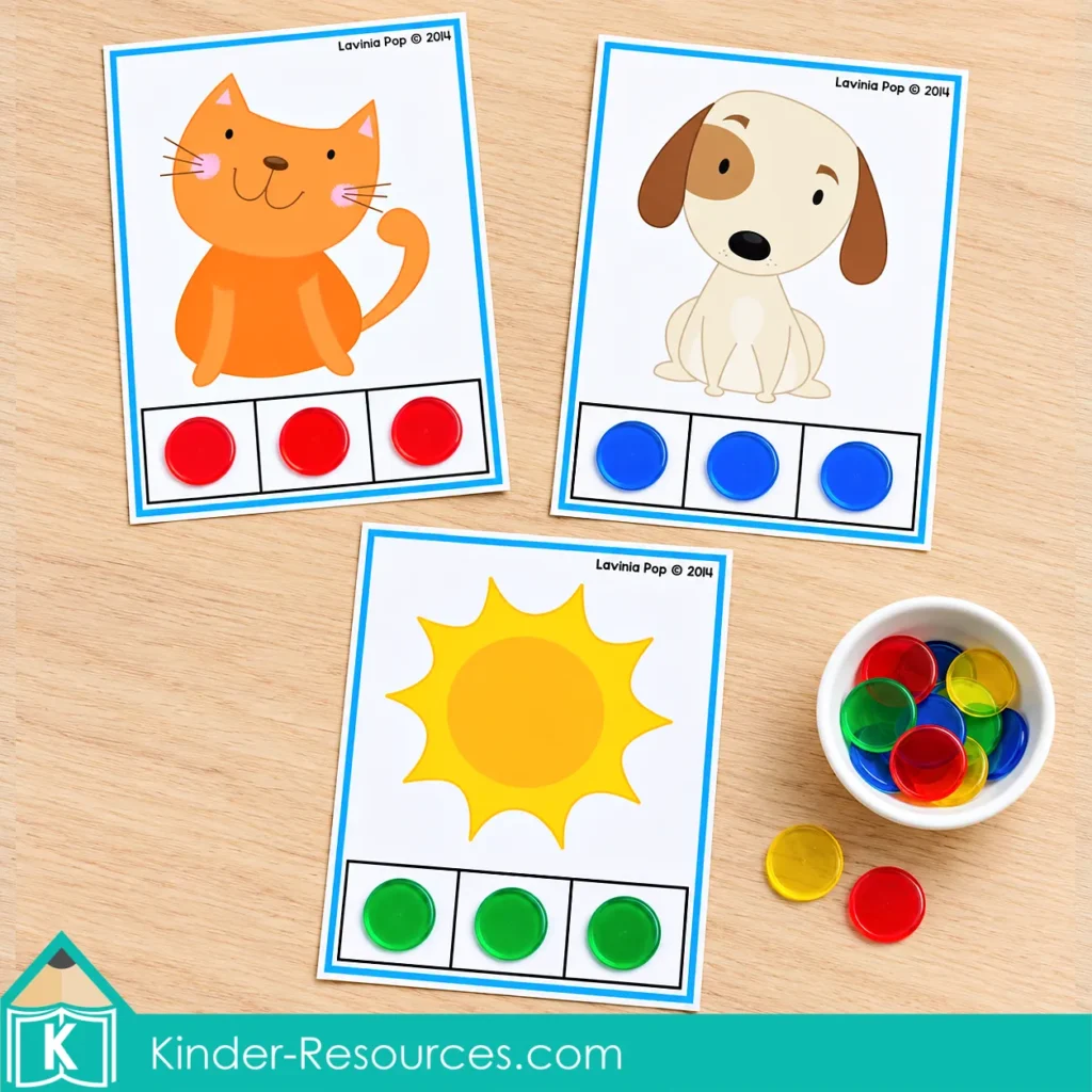Cat, dog, and sun CVC phoneme segmentation cards with one counter in each sound box for hands-on phonemic awareness practice.