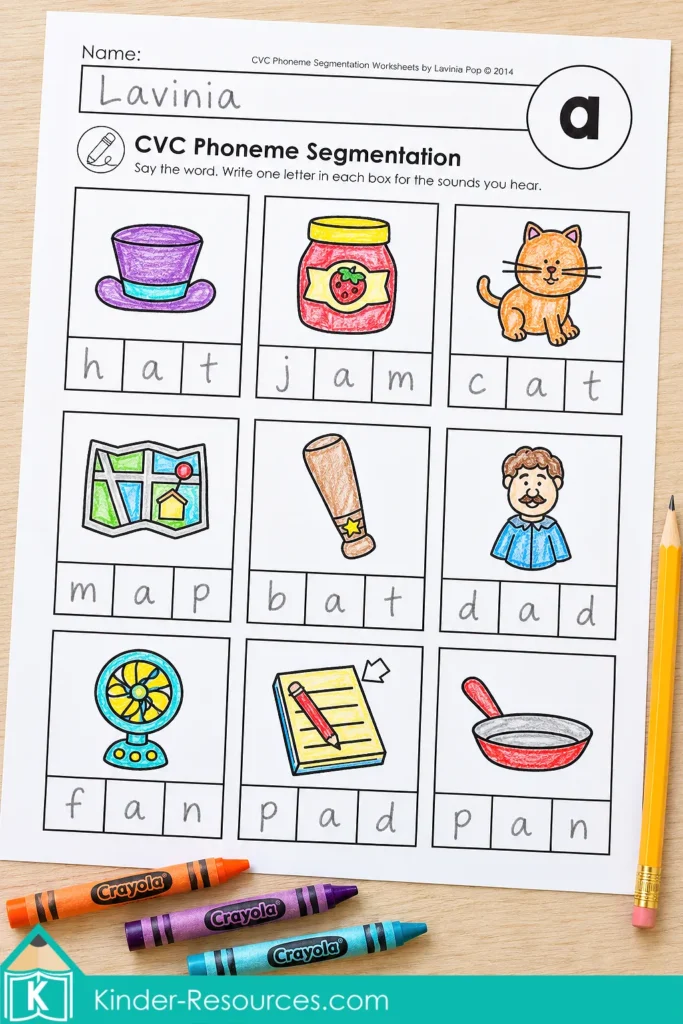 Completed short a CVC worksheet with crayon-colored pictures and letters written in boxes to spell words including hat, jam, and cat.