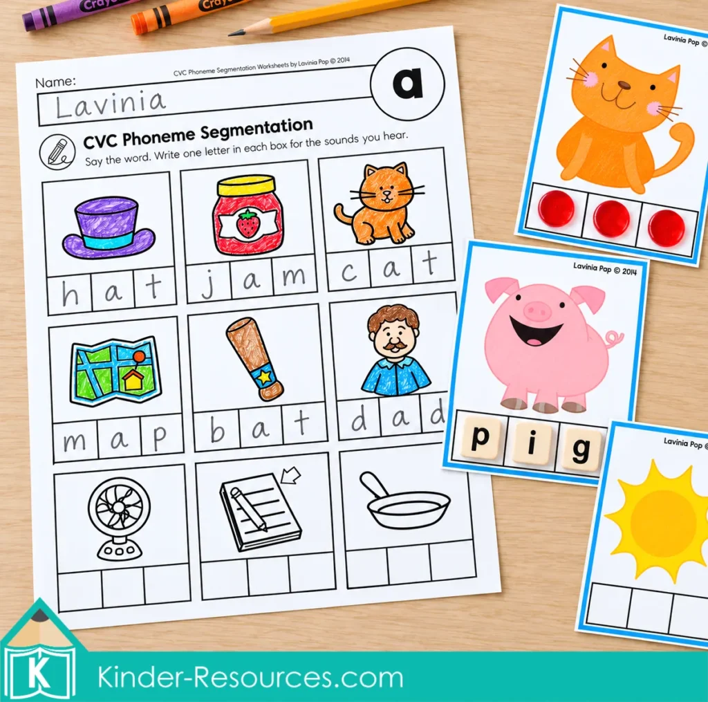 CVC phoneme segmentation cards with counters for cat, letter tiles spelling pig, and a sun picture beside a partially completed short a spelling worksheet.