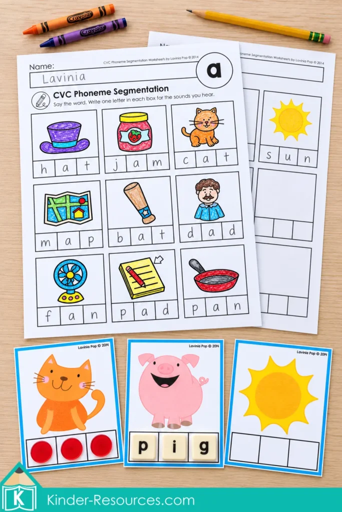 VC phoneme segmentation cards for cat, pig, and sun with counters, letter tiles, and worksheets for short vowel spelling practice.