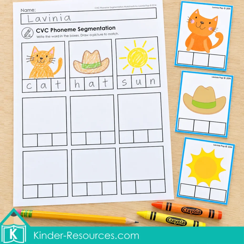 CVC recording worksheet with cat, hat, and sun written in letter boxes, matching crayon drawings, and picture cards for spelling practice.