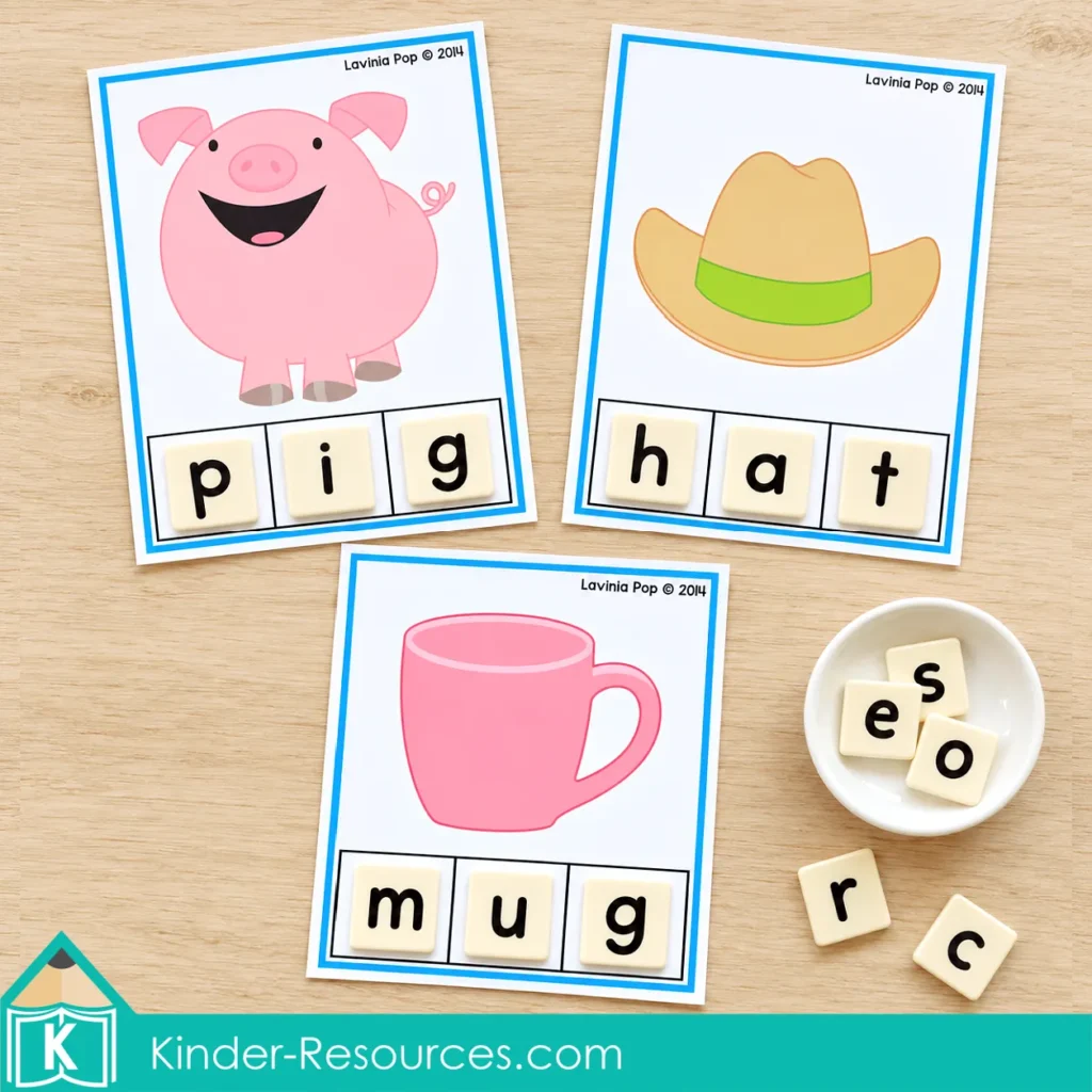 CVC phoneme segmentation cards with letter tiles spelling pig, hat, and mug for hands-on short vowel word-building practice.