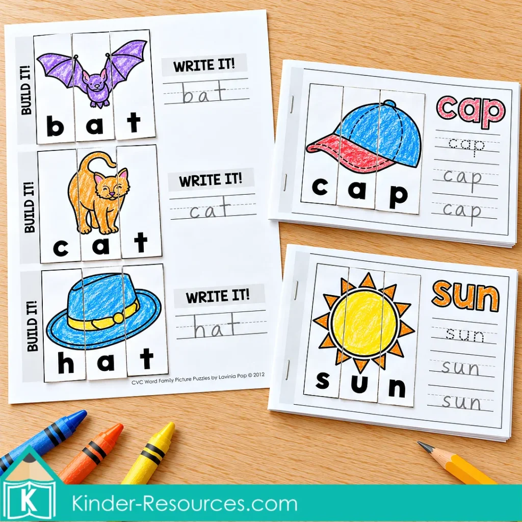 CVC Word Family Picture Puzzles pair a bat, cat, and hat worksheet with completed cap and sun mini books.
