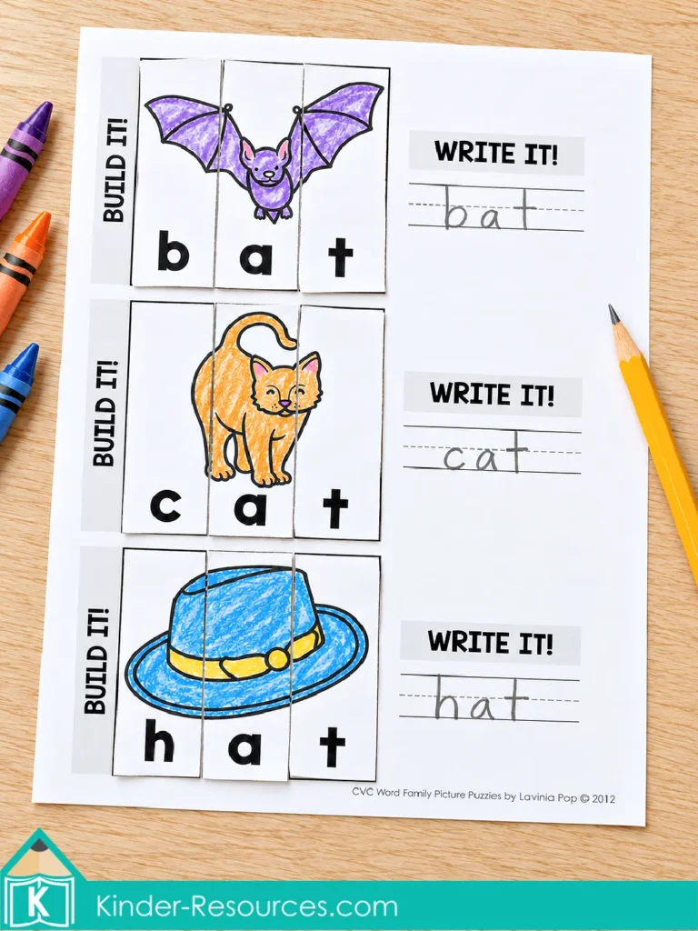 CVC Word Family Picture Puzzles spell bat, cat, and hat with colored paper strips and matching handwritten words.