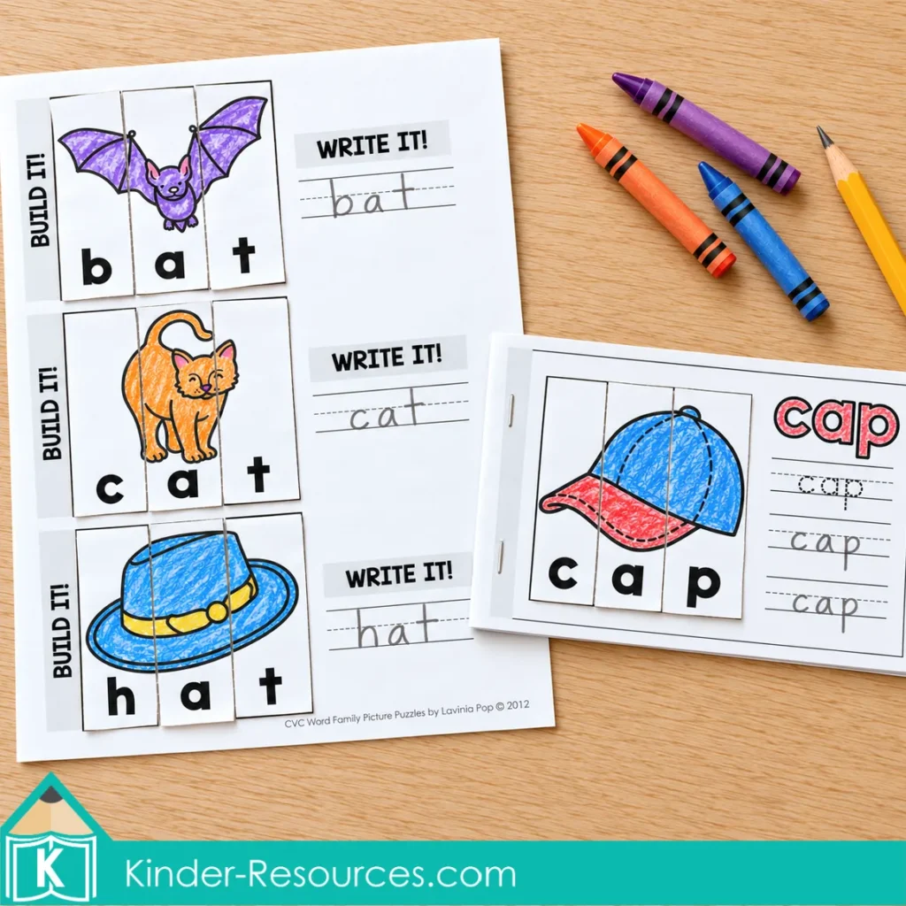 CVC Word Family Picture Puzzles pair a completed bat, cat, and hat worksheet with a cap tracing and writing mini book.